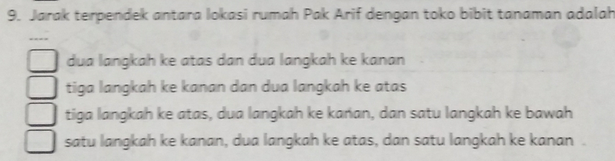 Jarak terpendek antara lokasi rumah Pak Arif dengan toko bibit tanaman adalah
dua langkah ke atas dan dua langkah ke kanan
tiga langkah ke kanan dan dua langkah ke atas
tiga langkah ke atas, dua langkah ke kańan, dan satu langkah ke bawah
satu langkah ke kanan, dua langkah ke atas, dan satu langkah ke kanan .