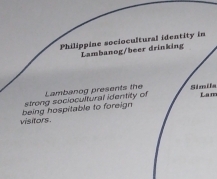 Philippine sociocultural identity in 
Lambanog/beer drinking 
Lambanog presents the Simila Lam 
visitors. being hospitable to foreign strong sociocultural identity of