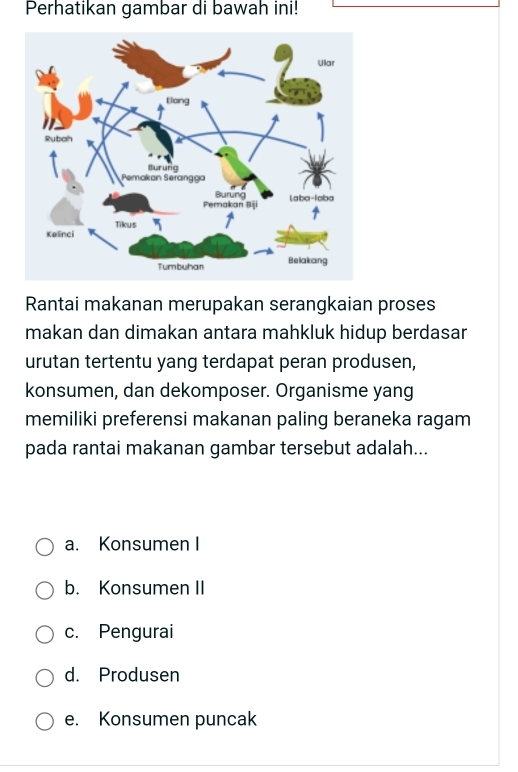 Perhatikan gambar di bawah ini!
Rantai makanan merupakan serangkaian proses
makan dan dimakan antara mahkluk hidup berdasar
urutan tertentu yang terdapat peran produsen,
konsumen, dan dekomposer. Organisme yang
memiliki preferensi makanan paling beraneka ragam
pada rantai makanan gambar tersebut adalah...
a. Konsumen I
b. Konsumen II
c. Pengurai
d. Produsen
e. Konsumen puncak