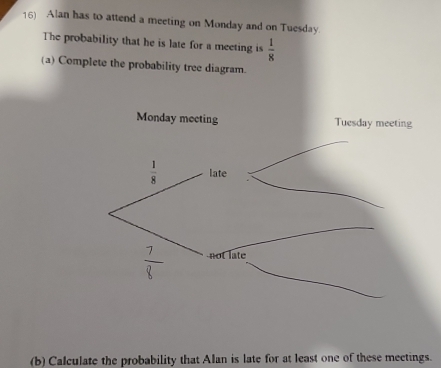 Alan has to attend a meeting on Monday and on Tuesday
The probability that he is late for a meeting is  1/8 
(a) Complete the probability tree diagram.
(b) Calculate the probability that Alan is late for at least one of these meetings.