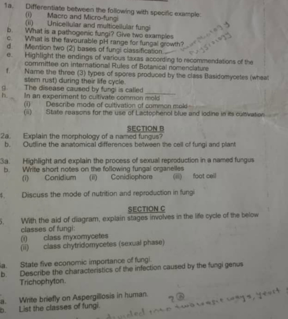 Differentiate between the following with specific example: 
(i) Macro and Micro-fungi 
(ii) Unicellular and multicellular fungi 
b. What is a pathogenic fungi? Give two examples 
c. What is the favourable pH range for fungal growth? 
d. Mention two (2) bases of fungi classification. 
e. Highlight the endings of various taxas according to recommendations of the 
committee on international Rules of Botanical nomenclature 
f. Name the three (3) types of spores produced by the class Basidomycetes (wheat 
stem rust) during their life cycle. 
g The disease caused by fungi is called 
_ 
h. In an experiment to cultivate common mold 
(i) Describe mode of cultivation of common mold 
(ii) State reasons for the use of Lactophenol blue and iodine in its cultivation 
SECTION B 
2a. Explain the morphology of a named fungus? 
b. Outline the anatomical differences between the cell of fungi and plant 
3a. Highlight and explain the process of sexual reproduction in a named fungus 
b. Write short notes on the following fungal organelles 
(i) Conidium (ii) Conidiophore (iii) foot ceil 
4. Discuss the mode of nutrition and reproduction in fungi 
SECTION C 
5. With the aid of diagram, explain stages involves in the life cycle of the below 
classes of fungi: 
(i) class myxomycetes 
(ii) class chytridomycetes (sexual phase) 
a. State five economic importance of fungi. 
b. Describe the characteristics of the infection caused by the fungi genus 
Trichophyton. 
a. Write briefly on Aspergillosis in human. 
b. List the classes of fungi.