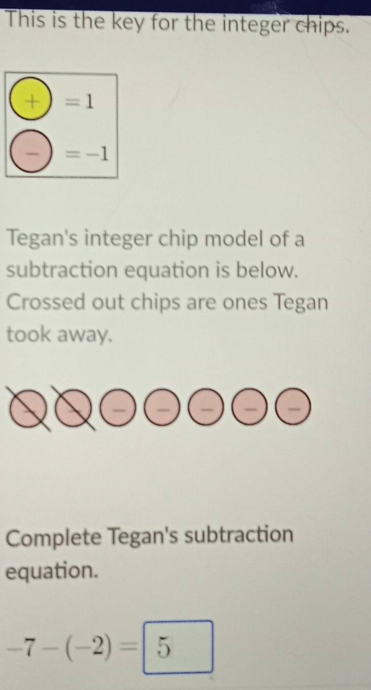 This is the key for the integer chips.
+ =1
=-1
Tegan's integer chip model of a 
subtraction equation is below. 
Crossed out chips are ones Tegan 
took away. 
Complete Tegan's subtraction 
equation.
-7-(-2)=|5