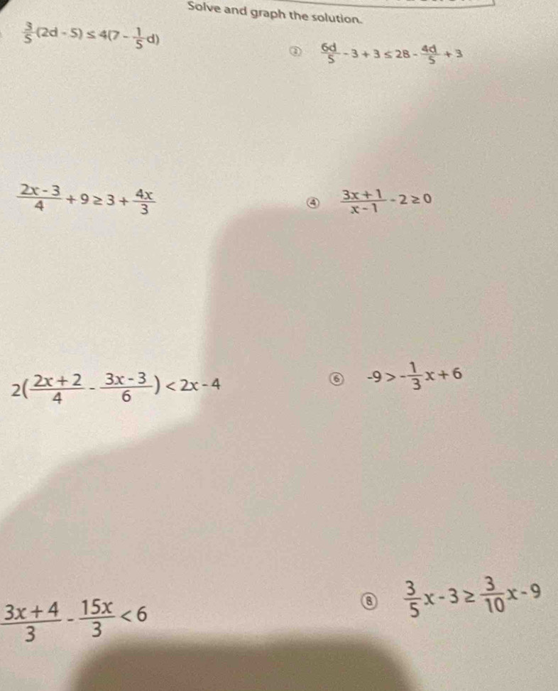 Solved: Solve and graph the solution. 3/5 (2d-5)≤ 4(7- 1/5 d) 6d/5 -3+3 ...