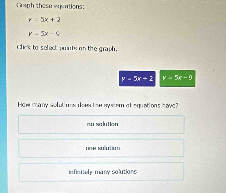 Graph these equations:
y=5x+2
y=5x-9
Click to select points on the graph.
y=5x+2 y=5x-9
How many solutions does the system of equations have?
no solution
one solution
infinitely many solutions