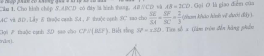 ó thập phán có không qua 4 kí tự kế ca đa 
Câu 1. Cho hình chóp S. ABCD có đáy là hình thang, ABparallel CD và AB=2CD. Gọi O là giao điểm của
AC và BD. Lấy E thuộc cạnh SA , F thuộc cạnh SC sao cho  SE/SA = SF/SC = 2/3  (tham khảo hình vẽ dưới đây). 
Gọi P thuộc cạnh SD sao cho CPparallel (BEF). Biết rằng SP=xSD Tim số x (làm tròn đến hàng phần 
(răm).