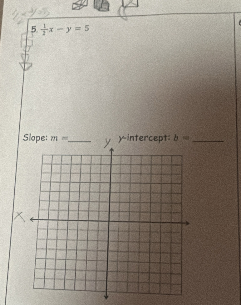  1/2 x-y=5
Slope: m= _ b= _