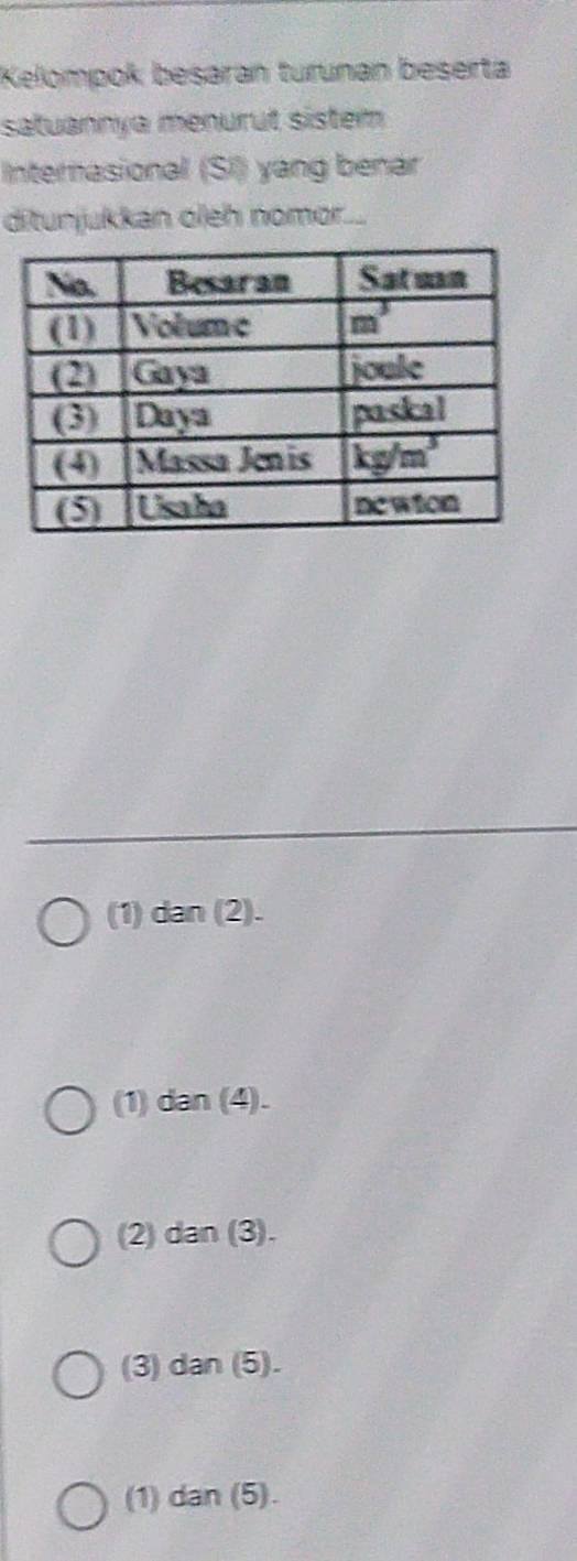 Kelompok beşaran turınan beserta
satuannya menurut sistem
Internasional (SI) yang benar
ditunjukkan oleh nomor...
(1) dan(2).
(1) dan(4).
(2) dan(3).
(3) dan(5).
(1) dan(5).