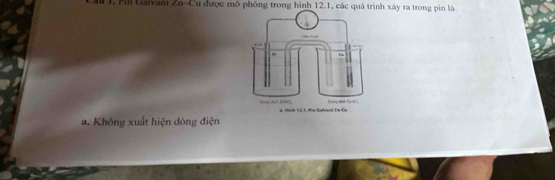 I1. Pin Galvani Zn-Cu được mô phỏng trong hình 12.1, các quá trình xảy ra trong pin là
a. Không xuất hiện dòng điện