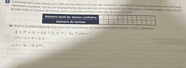 (Unicamp-SP) Uma escola com 960 alunos decidiu renovar seu mobiliário. Para decidir quantas cadeiras de canhotos será 
necessário comprar; fez-se um levantamento do número de alunos canhotos em cada turma. A tabela abaixo indica, na se- 
gunda linha, o número de turmas com o total de canhotos indicado na primeira linha. 
a) Qual a probabilidade de que uma turma escolhida ao acaso tenha pelo menos 3 alunos canhotos?