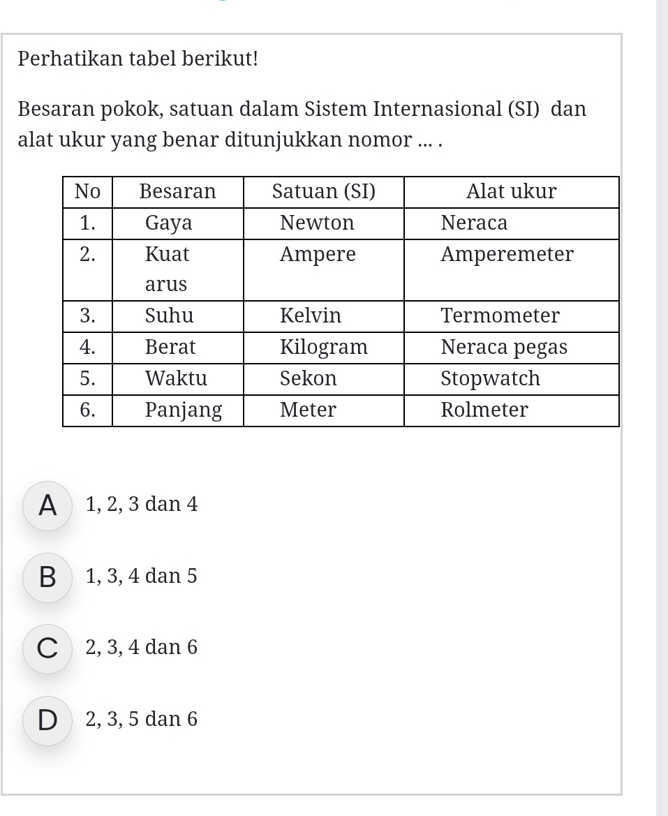 Perhatikan tabel berikut!
Besaran pokok, satuan dalam Sistem Internasional (SI) dan
alat ukur yang benar ditunjukkan nomor ... .
A 1, 2, 3 dan 4
B 1, 3, 4 dan 5
C 2, 3, 4 dan 6
D 2, 3, 5 dan 6