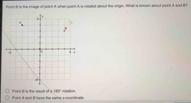 Solved: Point B is the image of point A when point A is rotated about ...