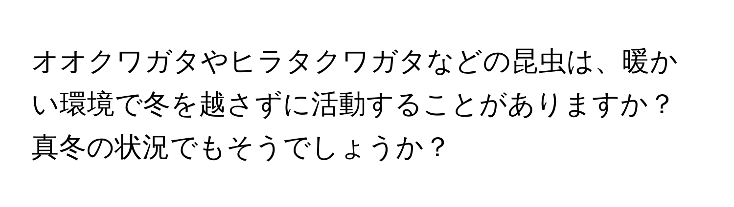 オオクワガタやヒラタクワガタなどの昆虫は、暖かい環境で冬を越さずに活動することがありますか？真冬の状況でもそうでしょうか？