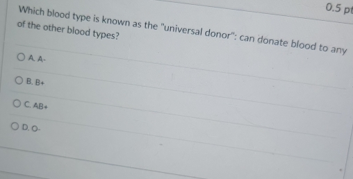 Which blood type is known as the "universal donor": can donate blood to any
of the other blood types?
A. A-
B. B+
C. AB+
D O