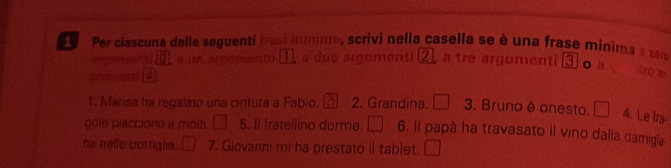 Per ciascuna delle seguenti Irasi míime, scrivi nella casella se è una frase minima e z0r o a 
atmén tí a un argomento ①, a due argomenti ②, a tre argomenti (③ 
W t 4 
5ro m 
1. Marisa he regalato una cintura a Fabio. _ 2. Grandina. □ 3. Bruno è onesto. □ 4. Le tra- 
gole piacciono a molti. □ 5. Il Iratellino dorme. □ 6. Il papà ha travasato il vino dalla damigia 
na nalie bottigls. □ 7. Giovanni mi ha prestato il tablet. □