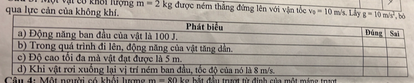 Một vật có khôi lượng m=2kg được ném thắng đứng lên với vận tốc
qua lực cản của không khí. v_0=10m/s 3. Lây 
của một máng trượt