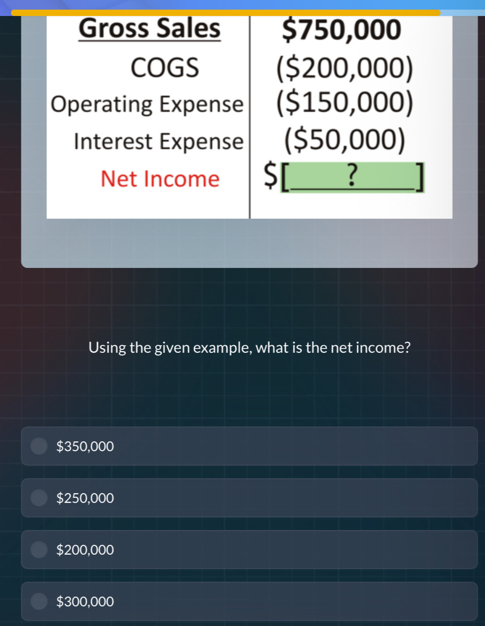 Solved: Gross Sales $750,000 COGS ($200,000) Operating Expense ...