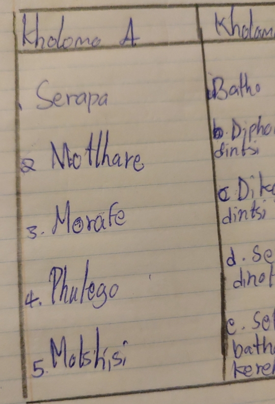 kholome A 
Kholan 
Serapa 
Batho 
1. Dipho 
Motthare dintsi 
6Dike 
3. Morafe 
dints; 
d. Se 
. Pholego dino 
e. Sel 
sMobshisi 
bath 
kerel