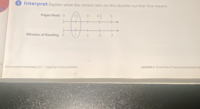 Interpret Explain what the circled ratio on this double number line means.
©Curriculum Associates, LLC Copying is not permitted. LESSON 3 Understand Proportional Relations!