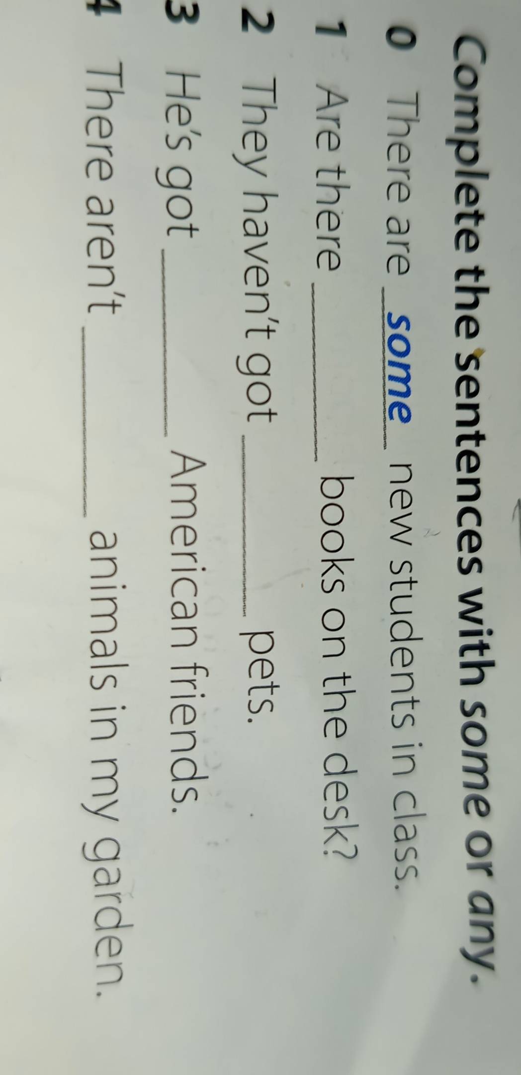 Complete the sentences with some or any. 
0 There are _some_ new students in class. 
1 Are there _books on the desk? 
2 They haven't got _pets. 
3 He's got_ 
American friends. 
There aren't _animals in my garden.