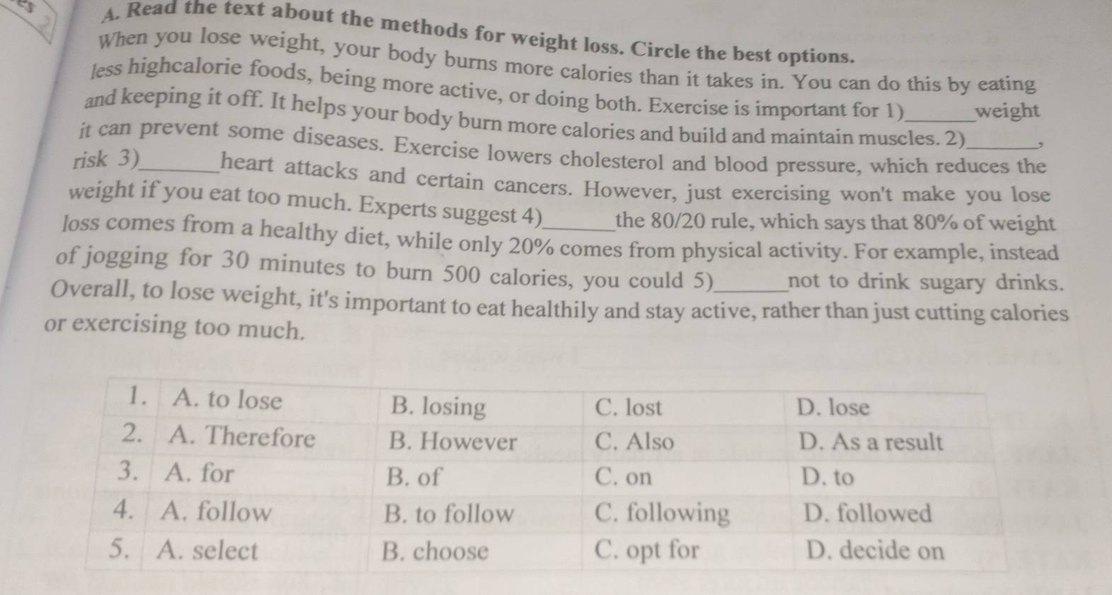 Read the text about the methods for weight loss. Circle the best options. 
When you lose weight, your body burns more calories than it takes in. You can do this by eating 
less highcalorie foods, being more active, or doing both. Exercise is important for 1) weight 
and keeping it off. It helps your body burn more calories and build and maintain muscles. 2) , 
it can prevent some diseases. Exercise lowers cholesterol and blood pressure, which reduces the 
risk 3)_ 
heart attacks and certain cancers. However, just exercising won't make you lose 
weight if you eat too much. Experts suggest 4) the 80/20 rule, which says that 80% of weight 
loss comes from a healthy diet, while only 20% comes from physical activity. For example, instead 
of jogging for 30 minutes to burn 500 calories, you could 5) 
not to drink sugary drinks. 
Overall, to lose weight, it's important to eat healthily and stay active, rather than just cutting calories 
or exercising too much.