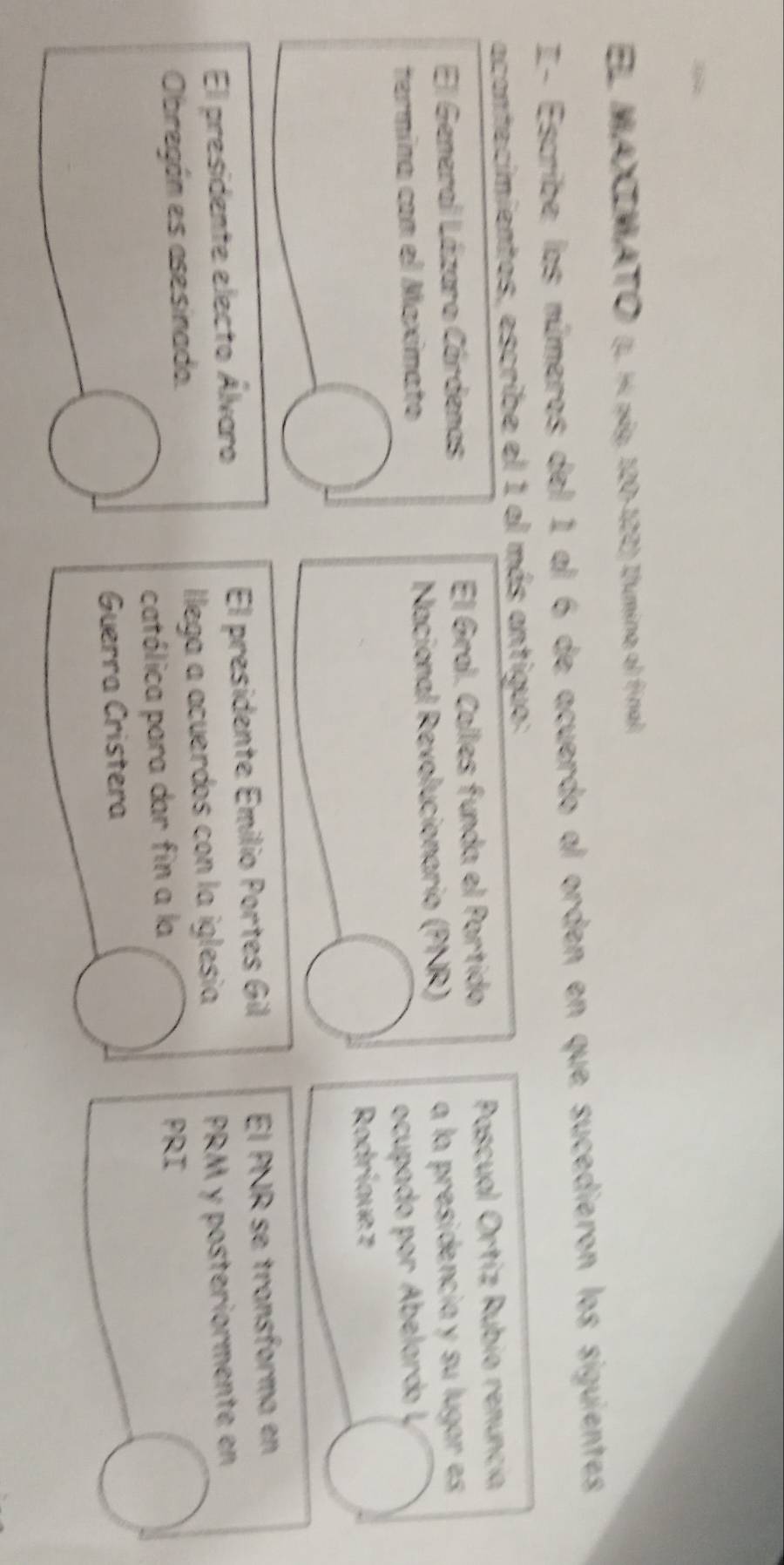 EL MAXIMATO (L. H pág. 120 -122) Ilumina al final 
I- Escribe los números del 1 al 6 de acuerdo al orden en que sucedieron los siguientes 
acontecimientos, escribe el 1 al más antiguo: 
El General Lázaro Cárdenas El Gral. Calles funda el Partido Pascual Ortiz Rubio renuncia 
termína con el Maximato Nacional Revolucionarío (PNR) a la presidencia y su lugar es 
ocupado por Abelardo L 
Rodríaue z 
El presidente electo Álvaro El presidente Emilio Portes Gil El PNR se transforma en 
Obregón es asesinado. llega a acuerdos con la iglesia PRM y posteriormente en 
católica para dar fin a la 
PRI 
Guerra Cristera