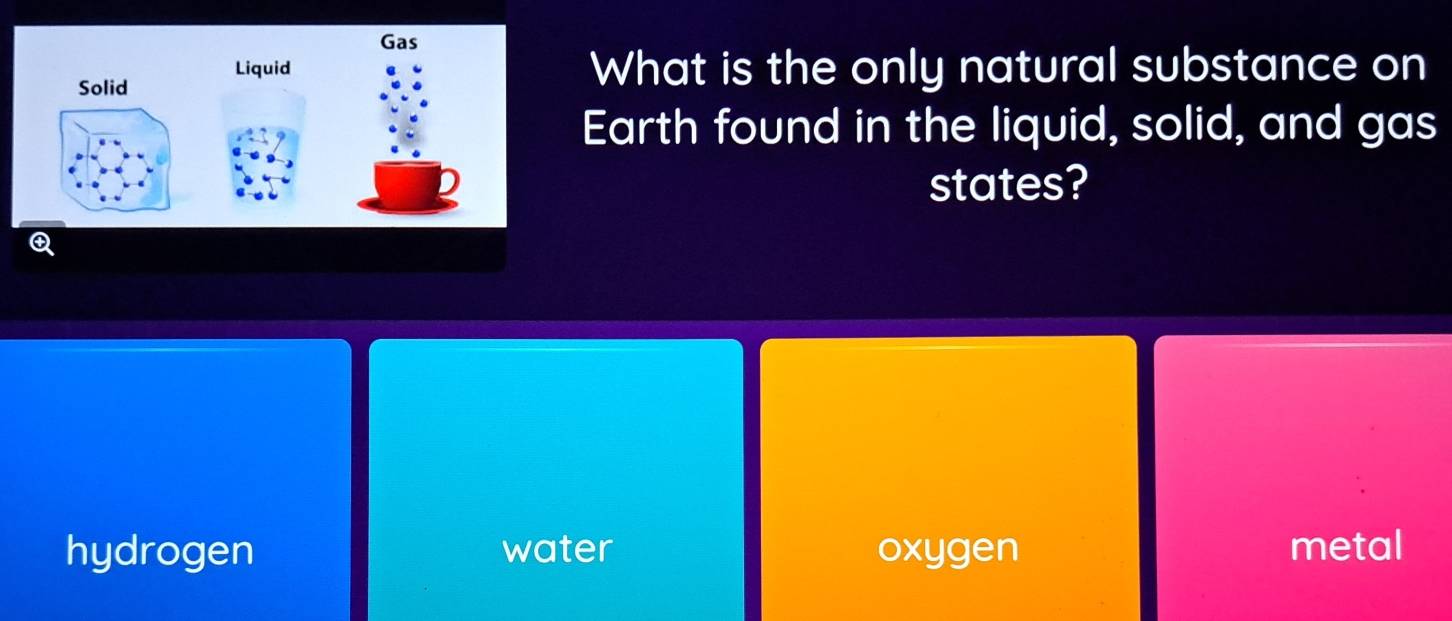 What is the only natural substance on
Earth found in the liquid, solid, and gas
states?
hydrogen water oxygen metal