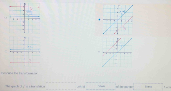 Describe the transformation
The graph of f is a translation □ ,□ ) unit(s) down of the parent linear functi