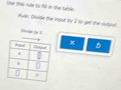 tse this ate to 1ll in the table. 
Rule: Dvide the iput by 2 to get the cutgut. 
Dvide by 2
%