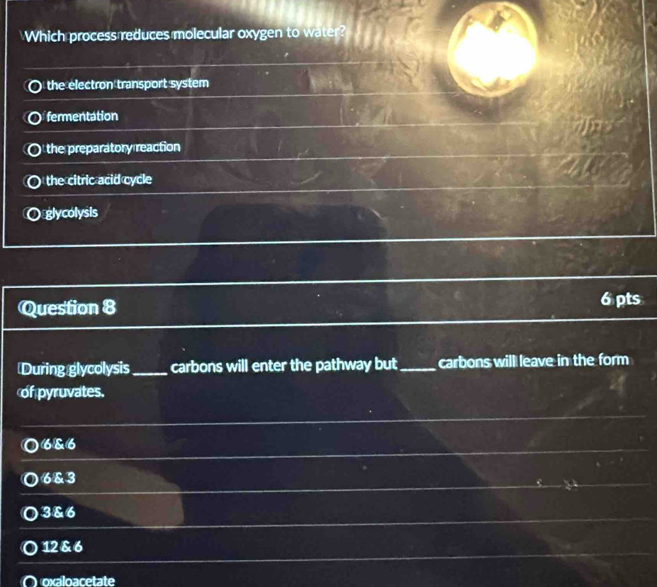 Which process reduces molecular oxygen to water?
the electron transport system
fermentation
the preparatory reaction
the citric acid cycle
glycolysis
Question 8
6 pts
During glycolysis _carbons will enter the pathway but_ carbons will leave in the form
of pyruvates.
6&6
6&3
3&6
12 & 6
oxaloacetate