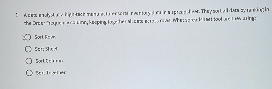 Solved: A data analyst at a high-tech manufacturer sorts inventory data ...