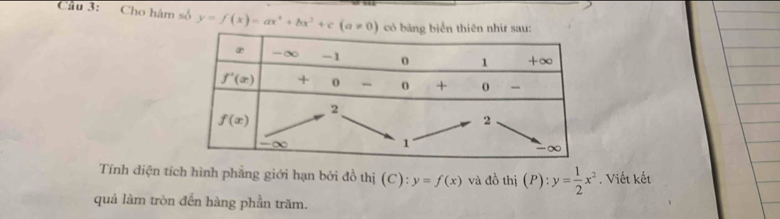 Cầu 3: Cho hàm số y=f(x)=ax^4+bx^2+c(a!= 0)
Tính diện tích hình phẳng giới hạn bởi đồ thị (C). y=f(x) và đồ thị (P):y= 1/2 x^2. Viết kết
quả làm tròn đến hàng phần trăm.