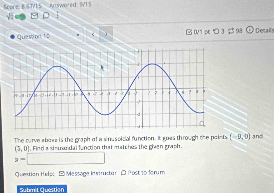 Score: 8.67/15 Answered: 9/15 
sqrt(0) △ 
Question 10 > 0/1 pt つ 3 % 98 ① Details 
The curve above is the graph of a sinusoidal function. It goes through the points (-9,0) and
(5,0). Find a sinusoidal function that matches the given graph.
y=□
Question Help: [ Message instructor ρ Post to forum 
Submit Question