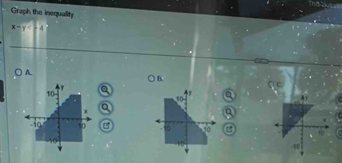 This 
Graph the inequality
x-y
A. 
B. 
C. 
Q 
a 
a 
a 
C