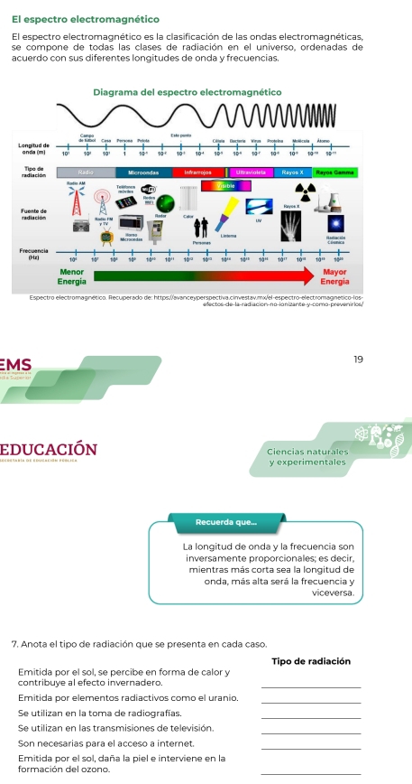 El espectro electromagnético 
El espectro electromagnético es la clasificación de las ondas electromagnéticas, 
se compone de todas las clases de radiación en el universo, ordenadas de 
acuerdo con sus diferentes longitudes de onda y frecuencias 
Diagrama del espectro electromagnético 
Loo 
,lf 
Fuenradi 
Frec 
(Hz) 
Menor Mayor 
Energia Energia 
Espectro electromagnético. Recuperado de: https://avanceyperspectiva.cinvestav.mx/el-espectro-electromagnético-los> 
efectos de-la-radiación-no-ionizante-y-como-prevenírios 
MS 
19 
educación Ciencias naturales 
y experimentales 
Recuerda que... 
La longitud de onda y la frecuencia son 
inversamente proporcionales; es decir, 
mientras más corta sea la longitud de 
onda, más alta será la frecuencia y 
viceversa. 
7. Anota el tipo de radiación que se presenta en cada caso. 
Tipo de radiación 
Emitida por el sol, se percibe en forma de calor y 
contribuye al efecto invernadero. 
_ 
Emitida por elementos radiactivos como el uranio. 
_ 
Se utilizan en la toma de radiografías 
_ 
_ 
Se utilizan en las transmisiones de televisión. 
_ 
Son necesarias para el acceso a internet. 
Emitida por el sol, daña la piel e interviene en la 
_ 
formación del ozono.