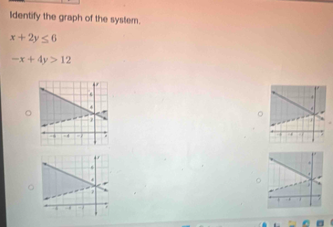 Identify the graph of the system.
x+2y≤ 6
-x+4y>12