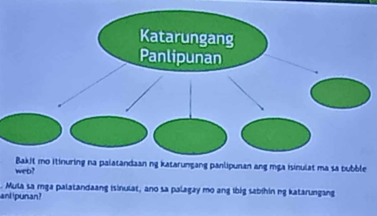 Bakit mo itinuring na palatandaan ng katarungang panlipunan ang mga isinulat ma sa pubble 
web? 
. Mula sa rga palatandaang isinulat, ano sa palagay mo ang lbig sabihin ng katarungang 
anlipunan?