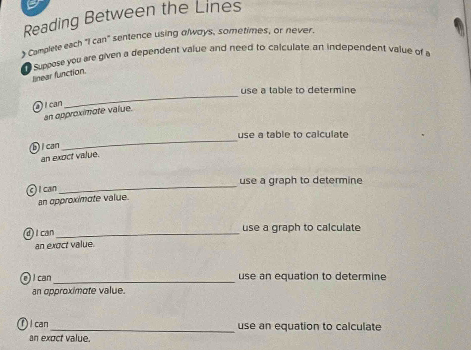 Reading Between the Lines 
) Complete each “I can” sentence using olways, sometimes, or never. 
Suppose you are given a dependent value and need to calculate an independent value of a 
linear function. 
use a table to determine 
I can 
_ 
an approximate value. 
use a table to calculate 
b I can 
_ 
an exoct value. 
_ 
use a graph to determine 
I can 
an approximate value. 
d I can_ 
use a graph to calculate 
an exact value. 
_ 
e I can use an equation to determine 
an approximate value. 
↑ I can _use an equation to calculate 
an exact value.