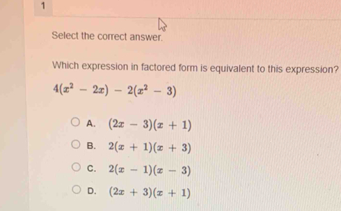 Select the correct answer.
Which expression in factored form is equivalent to this expression?
4(x^2-2x)-2(x^2-3)
A. (2x-3)(x+1)
B. 2(x+1)(x+3)
C. 2(x-1)(x-3)
D. (2x+3)(x+1)