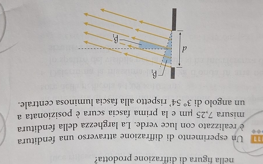 nella figura di diffrazione prodotta?
11 Un esperimento di diffrazione attraverso una fenditura
è realizzato con luce verde. La larghezza della fenditura
misura 7,25 μm e la prima fascia scura è posizionata a
un angolo di 3°54' rispetto alla fascia luminosa centrale.