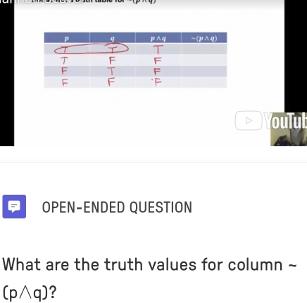 oulut
OPEN-ENDED QUESTION
What are the truth values for column ~
(pwedge q) ?