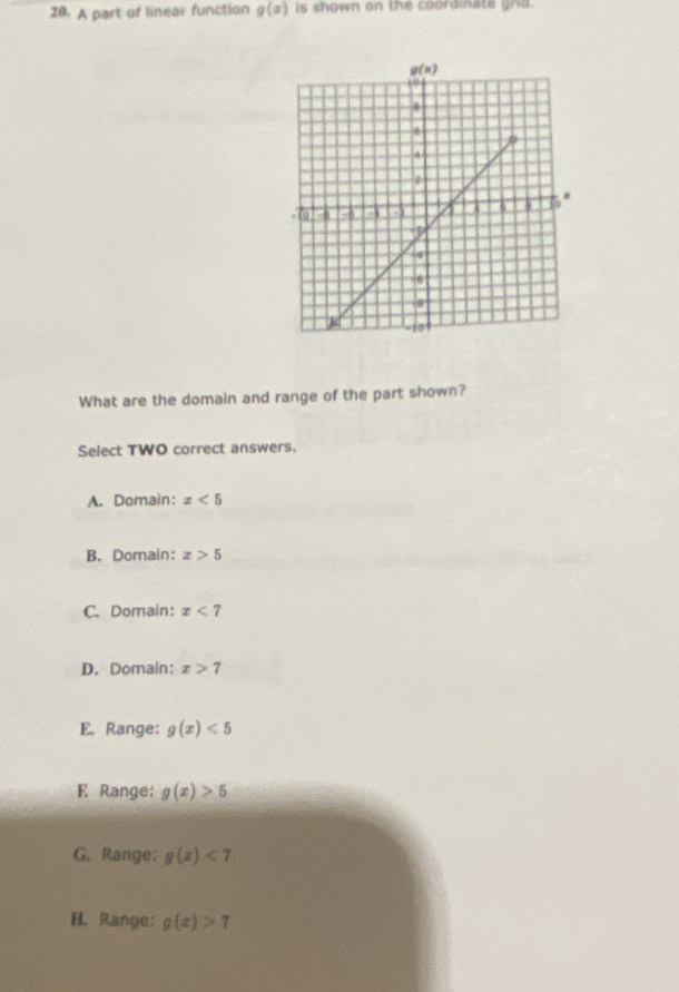 A part of linear function g(x) is shown on the coordinate grd .
What are the domain and range of the part shown?
Select TWO correct answers.
A. Domain: x<5</tex>
B. Domain: x>5
C. Domain: x<7</tex>
D. Domain: x>7
E. Range: g(x)<5</tex>
E Range: g(x)>5
G. Range: g(x)<7</tex>
H. Range: g(x)>7