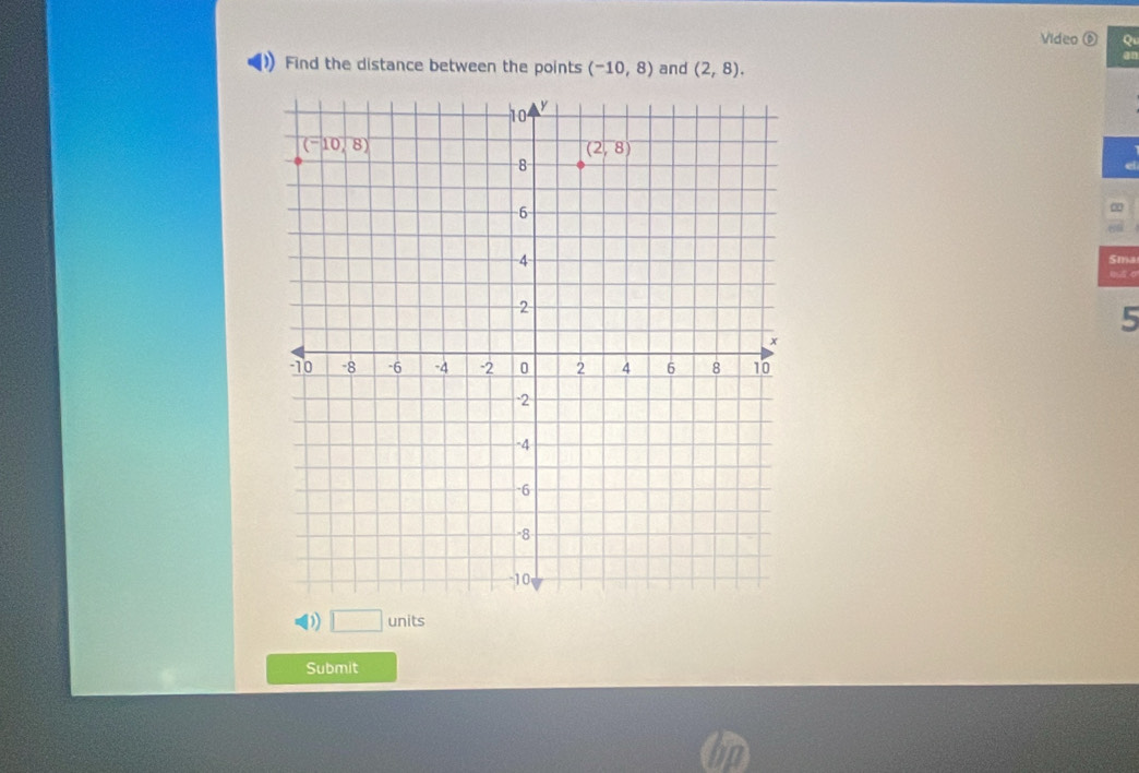 Video Qu
Find the distance between the points (-10,8) and (2,8).
∞
Sma
5
D) □ units
Submit