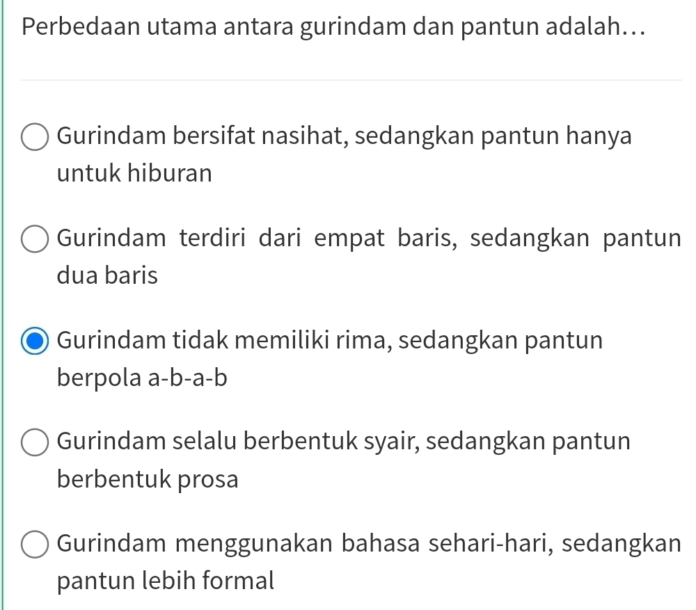 Perbedaan utama antara gurindam dan pantun adalah...
Gurindam bersifat nasihat, sedangkan pantun hanya
untuk hiburan
Gurindam terdiri dari empat baris, sedangkan pantun
dua baris
Gurindam tidak memiliki rima, sedangkan pantun
berpola a-b-a-b
Gurindam selalu berbentuk syair, sedangkan pantun
berbentuk prosa
Gurindam menggunakan bahasa sehari-hari, sedangkan
pantun lebih formal