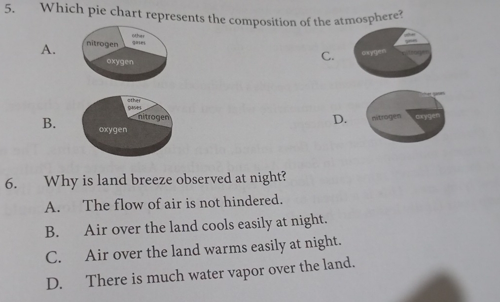 Which pie chart represents the composition of the atmosphere?
other
A.
gases
C. oxygen ltroc
other
gases
D.
nitrogen nitrogen axygen
B. oxygen
6. Why is land breeze observed at night?
A. The flow of air is not hindered.
B. Air over the land cools easily at night.
C. Air over the land warms easily at night.
D. There is much water vapor over the land.