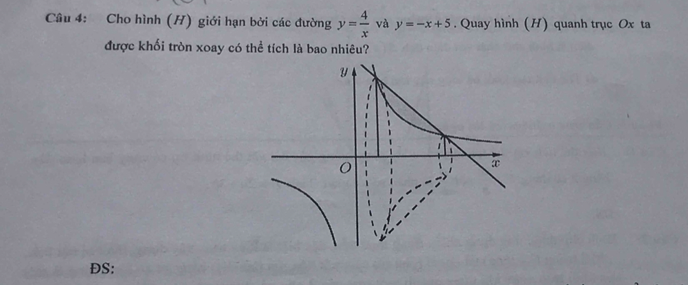 Cho hình (H) giới hạn bởi các đường y= 4/x  và y=-x+5. Quay hình (H) quanh trục Ox ta
được khối tròn xoay có thể tích là bao nhiêu?
ĐS: