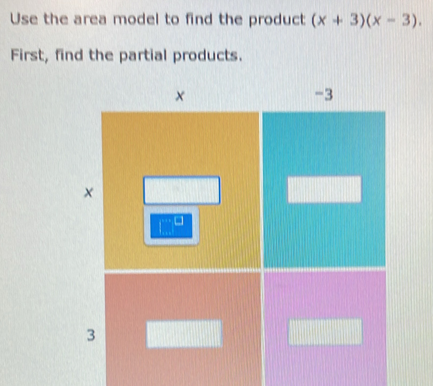 Use the area model to find the product (x+3)(x-3). 
First, find the partial products.