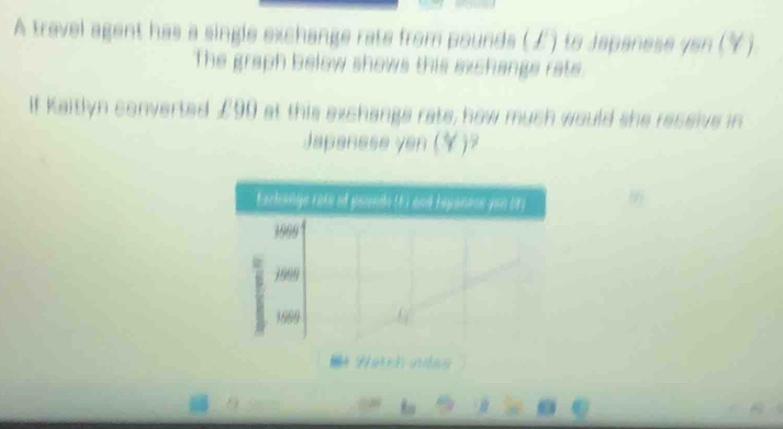 A travel agent has a single exchange rate from pounds (£) to Japanese yon (♀) 
The graph below shows this exchangs rate. 
If Kaitlyn converted £90 at this exchangs rate, how much would she reseive in 
Japenese yen (Ý)? 
Earkange rate of gounds (6) and leyanace you 68)
13999
Z 1999 
1969