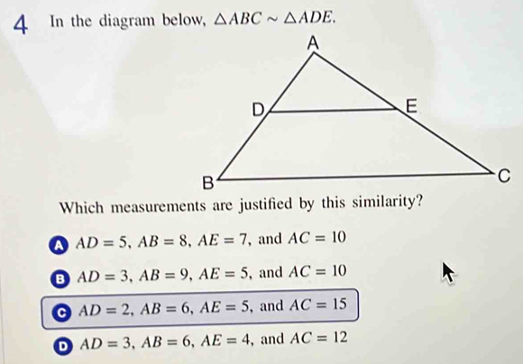 Solved: In the diagram below, ABCsim ADE. Which measurements are ...