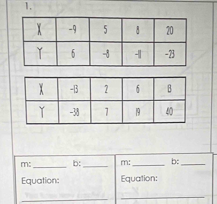 m:_ 
b:_ 
m:_ 
b:_ 
Equation: Equation: 
_ 
_