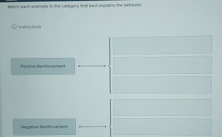 Match each example to the category that best explains the behavior.
i Instructions
Positive Reinforcement
Negative Reinforcement